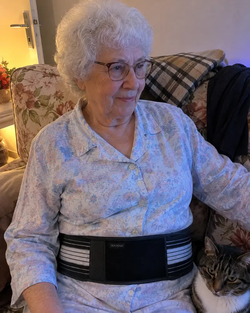 Margaret assise chez elle avec sa ceinture Soutenia